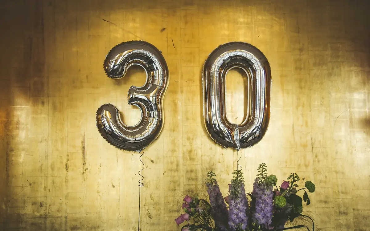 Silver number 30 balloons for a 30th birthday