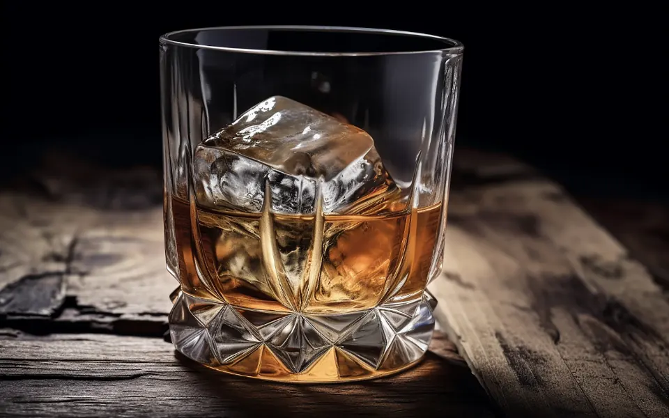 A crystal glass of whiskey with a large ice cube on an old wooden table
