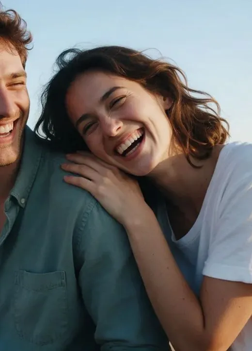 Laughing couple on the cover of a personalized love story magazine