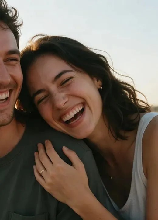 Couple hugging and laughing, a page from a personalized anniversary magazine